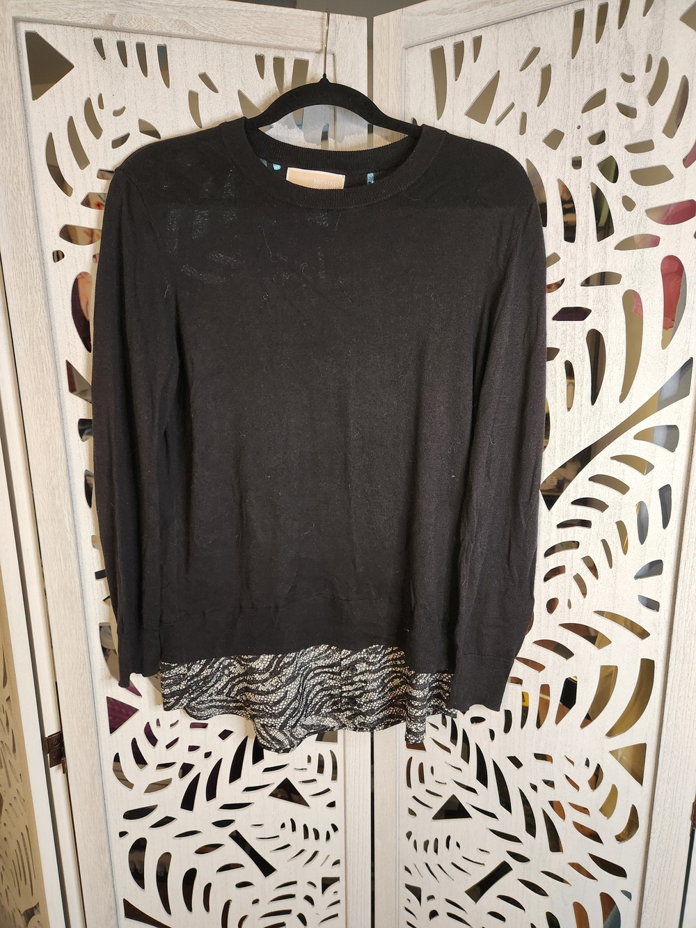 Michael Kors Black Long-Sleeve Top with Printed Layered Hem